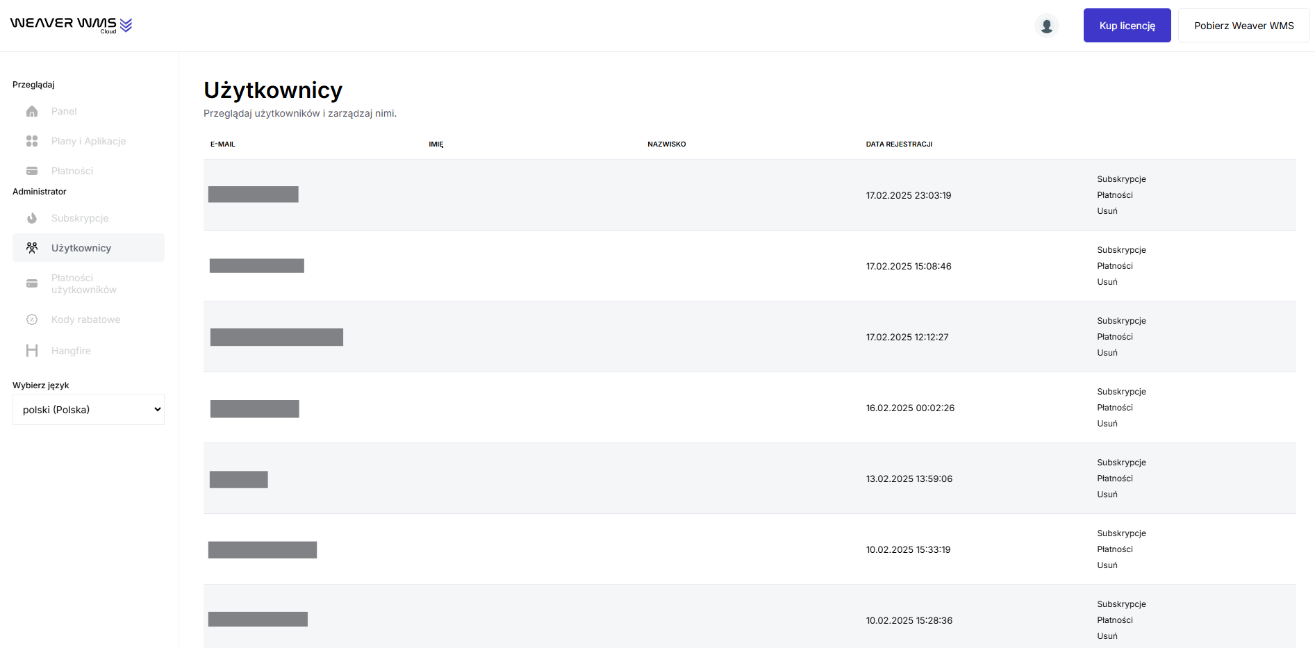 Lista użytkowników systemu licencji