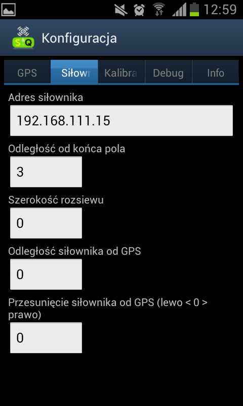 Ekran konfiguracji siłownika w systemie kontroli gleby