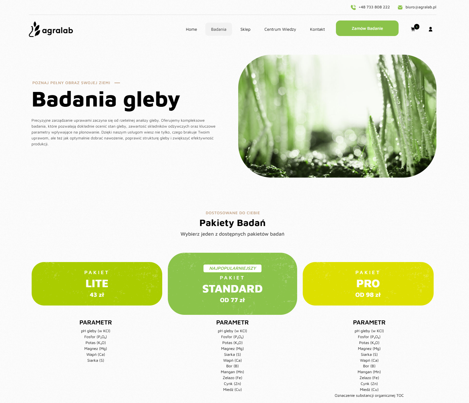 Podstrona zamówienia badań na platformie Agralab